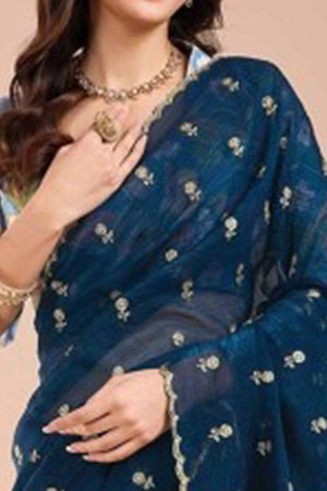 Blue Crunchy Saree Adorned With Floral Sequins Embroidery & Graceful Border Finish