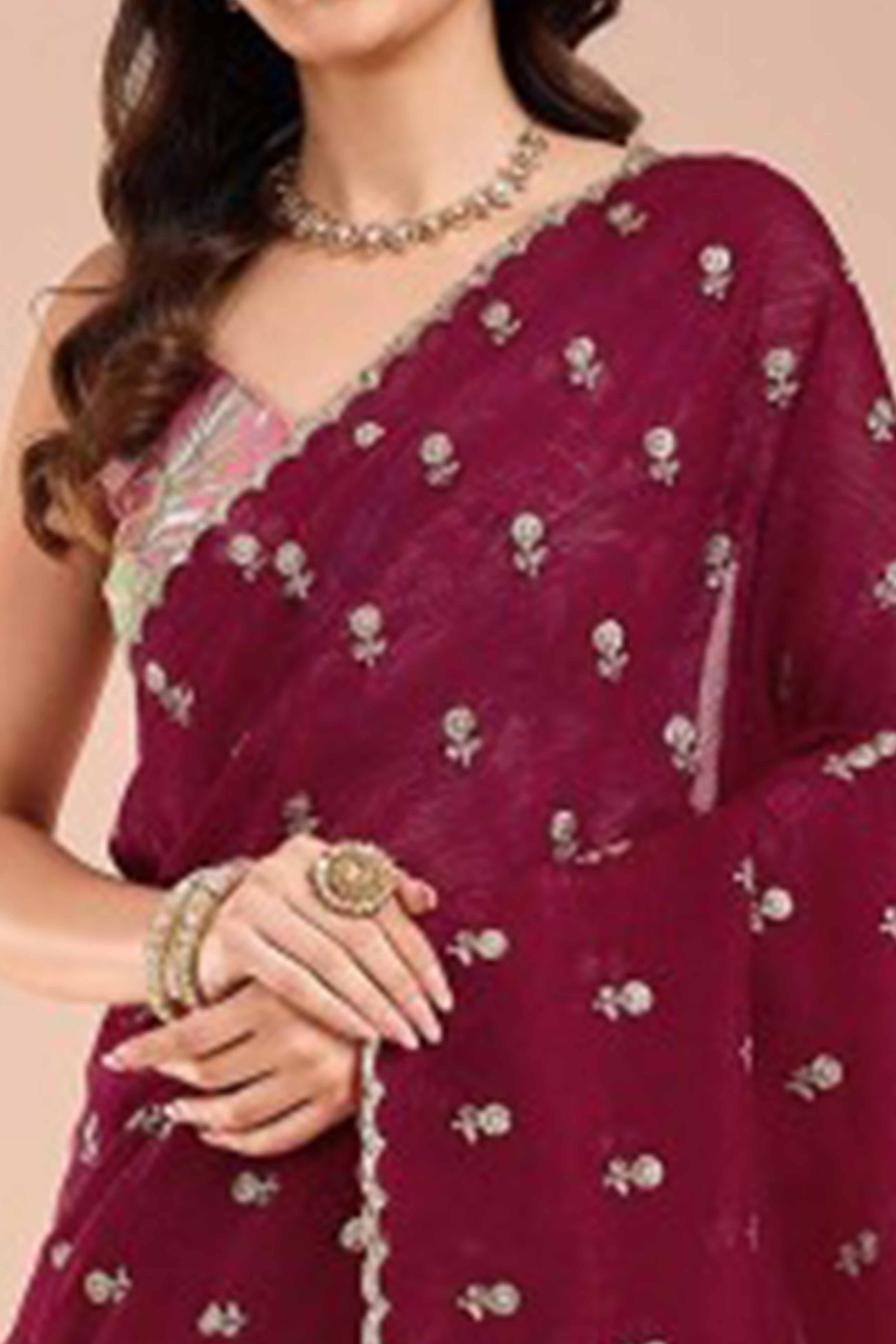 Rani Pink Crunchy Saree Adorned With Floral Sequins Embroidery & Graceful Border Finish