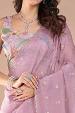 Pink Crunchy Saree Adorned With Floral Sequins Embroidery & Graceful Border Finish