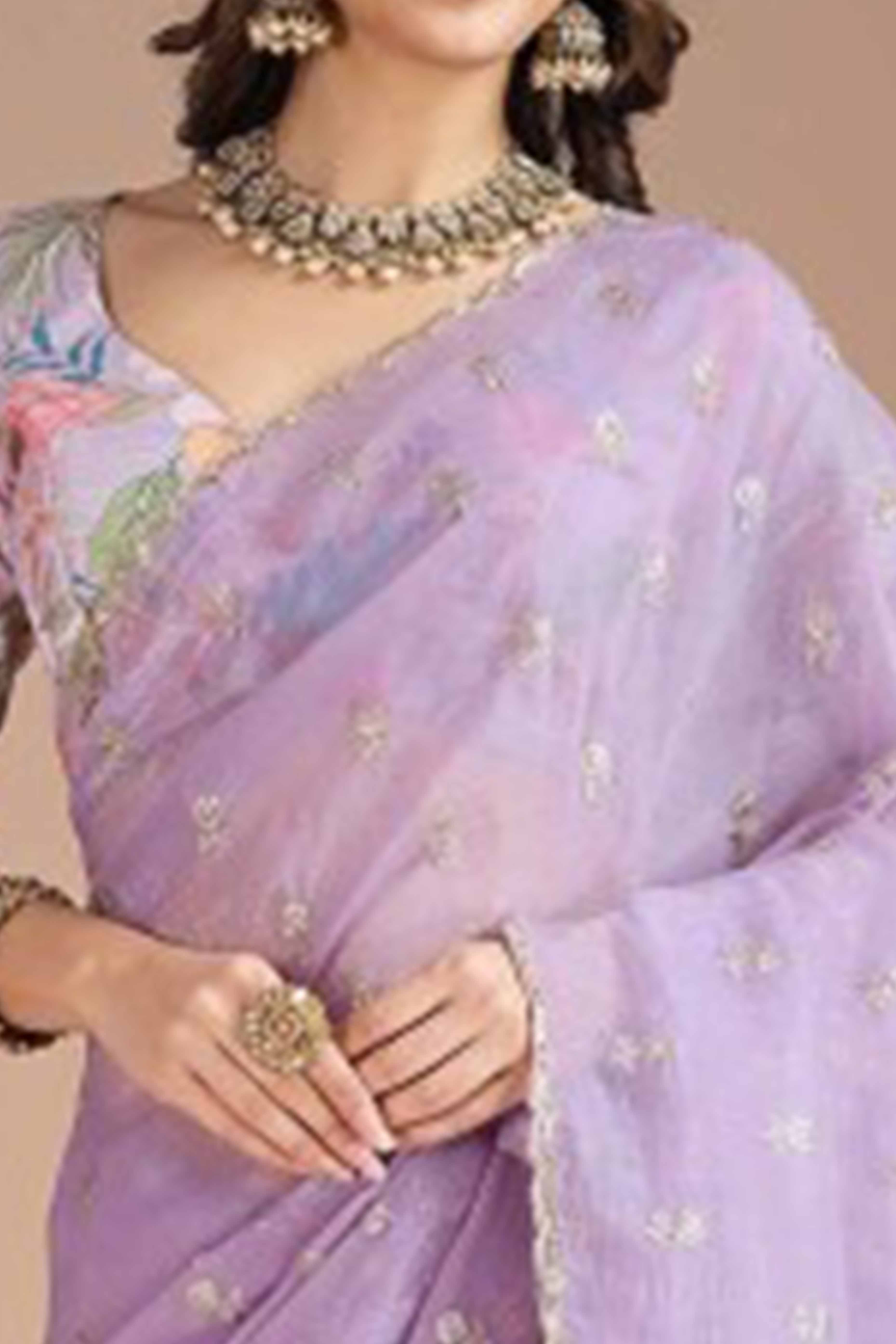 Lavender Crunchy Saree Adorned With Floral Sequins Embroidery & Graceful Border Finish