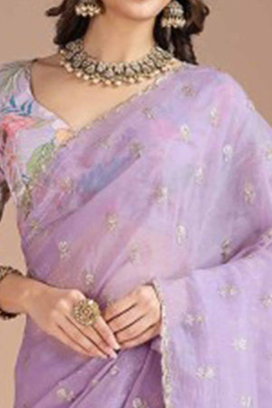 Lavender Crunchy Saree Adorned With Floral Sequins Embroidery & Graceful Border Finish