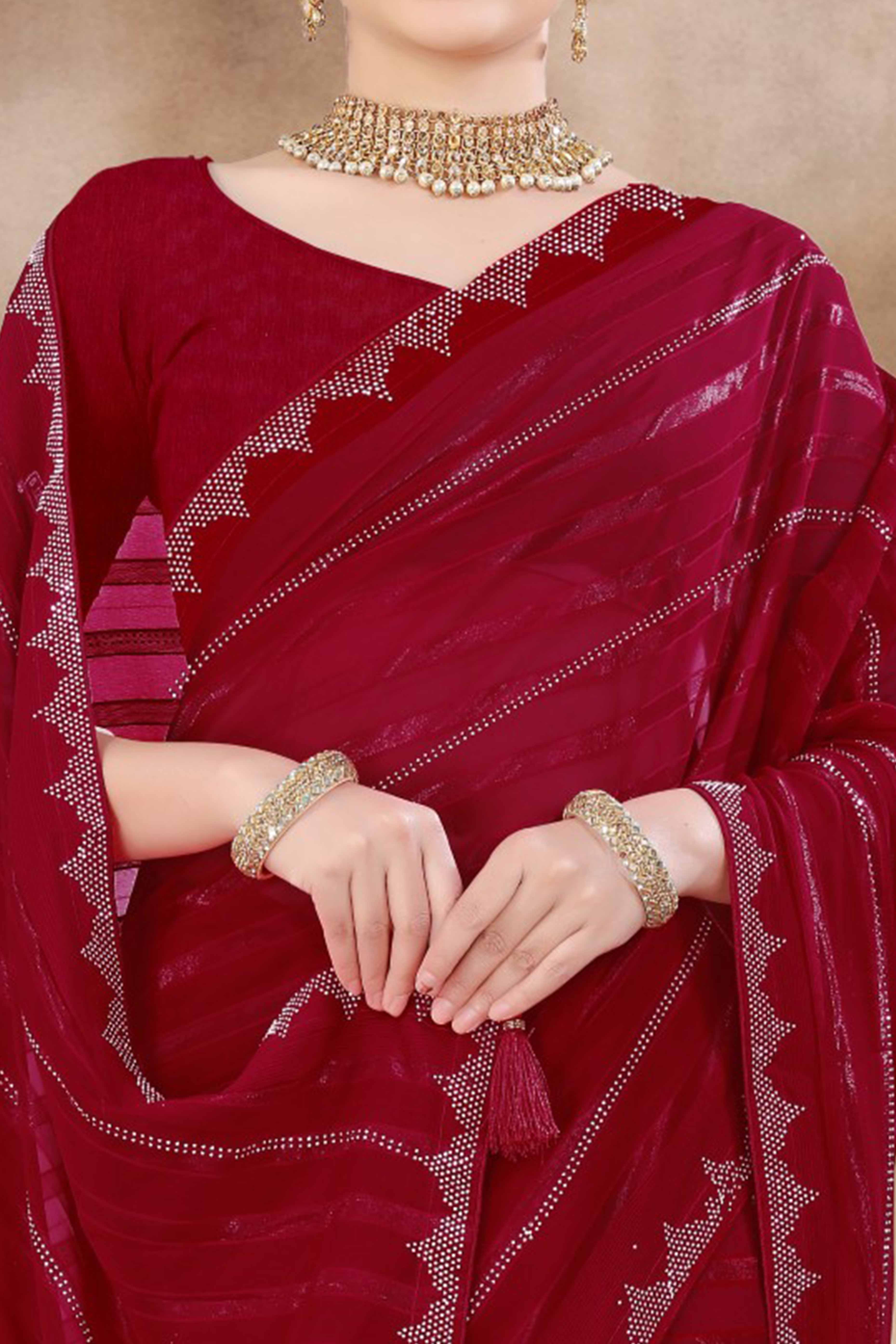 Maroon Chiffon Party Saree Featuring Delicate Stone Embellishments