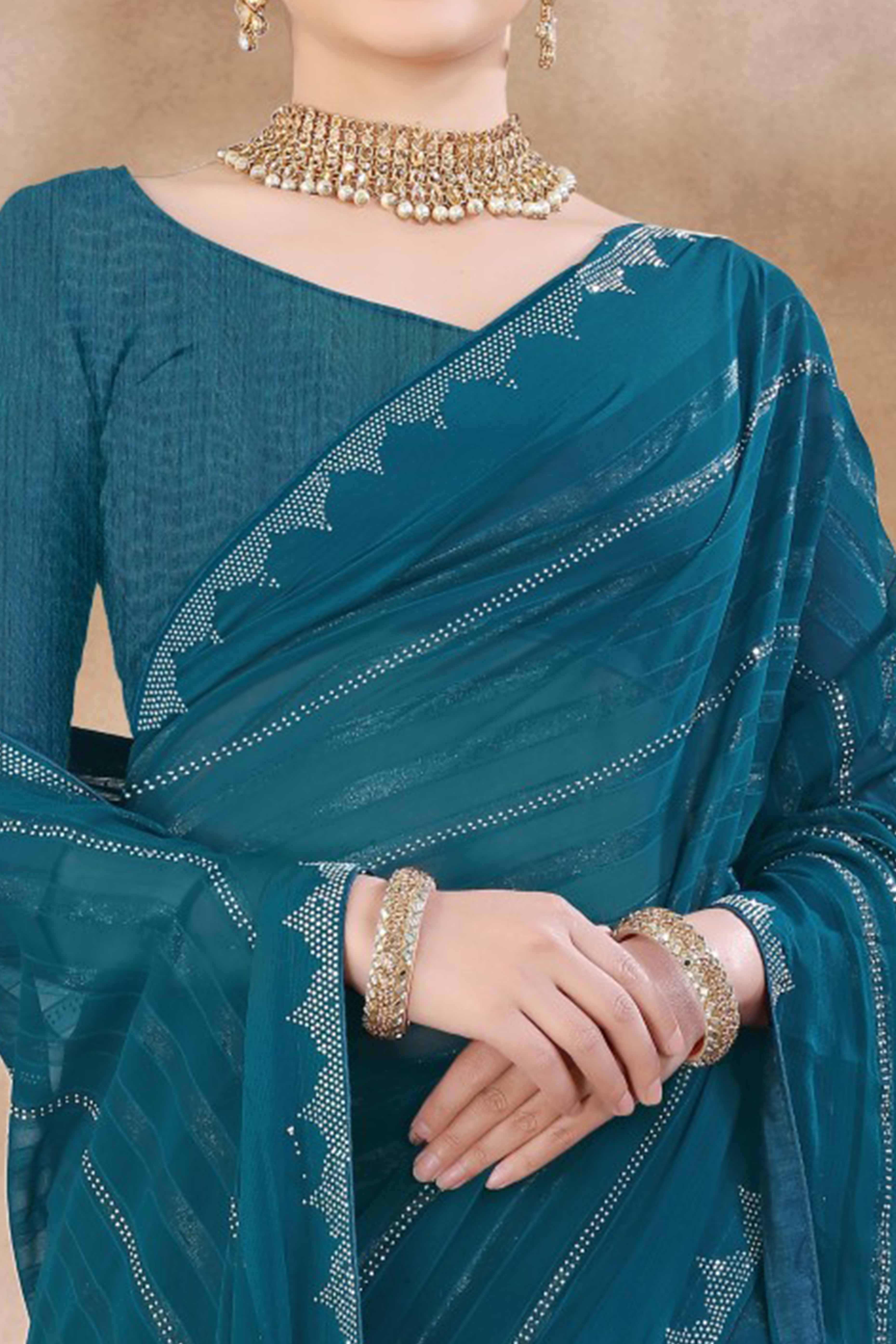 Teal Chiffon Party Saree Featuring Delicate Stone Embellishments