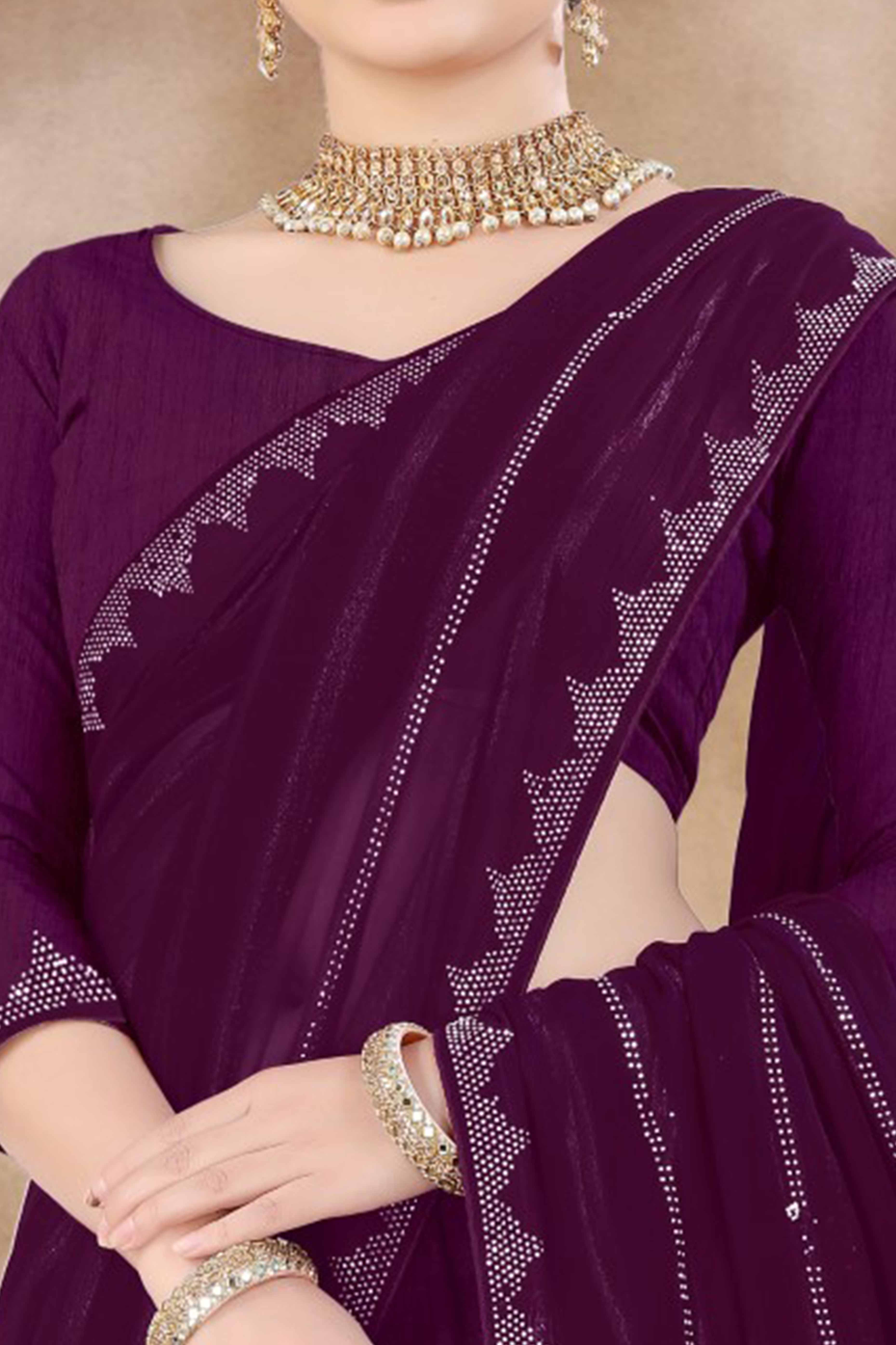 Purple Chiffon Party Saree Featuring Delicate Stone Embellishments