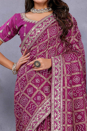 Purple Vichitra Silk Saree Highlighted with Bandhani Print and Sequins Embroidered Border