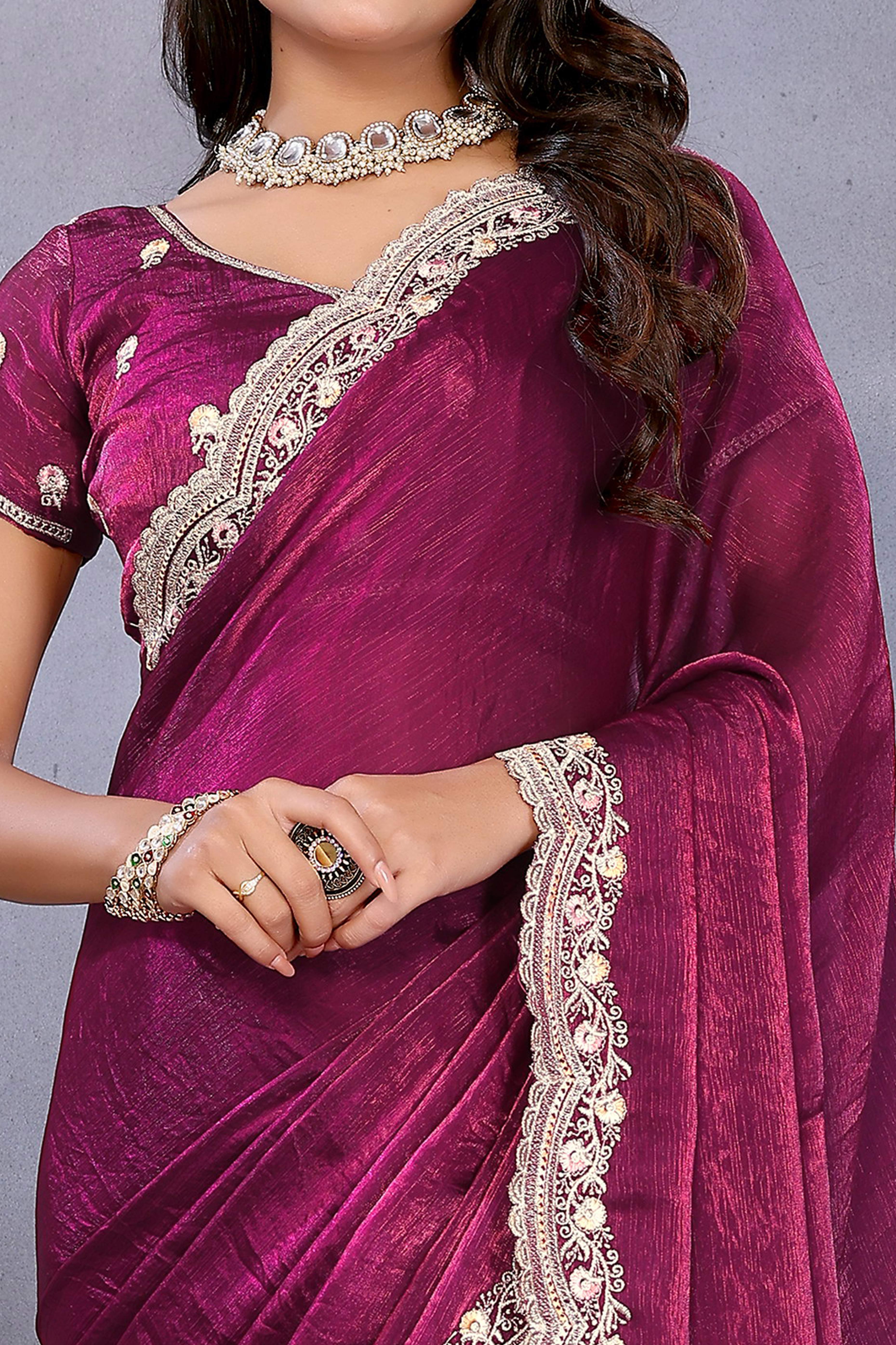 Wine Chiffon Saree with Delicate Embroidered Motifs for Special Occasions