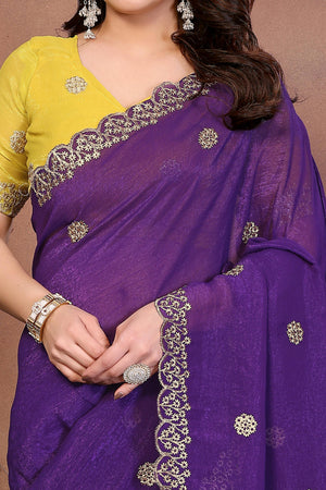 Violet Designer Crunchy Saree Enhanced with Delicate Thread Work Embroidery