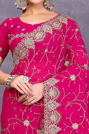 Pink Designer Georgette Saree Enhanced with Delicate Thread Work Embroidery