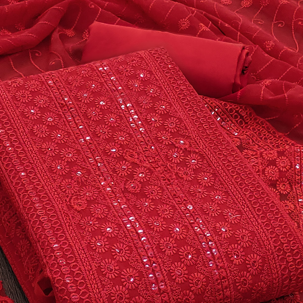 Red Festive Wear Lucknowi Embroidered Georgette Suit