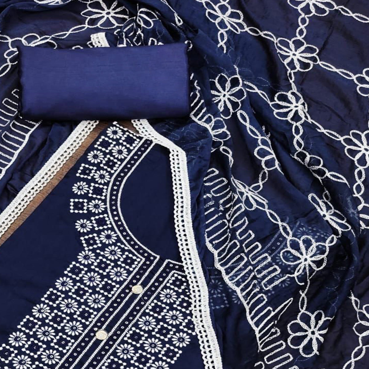 Navy Blue Floral Embroidered Chanderi Dress Material