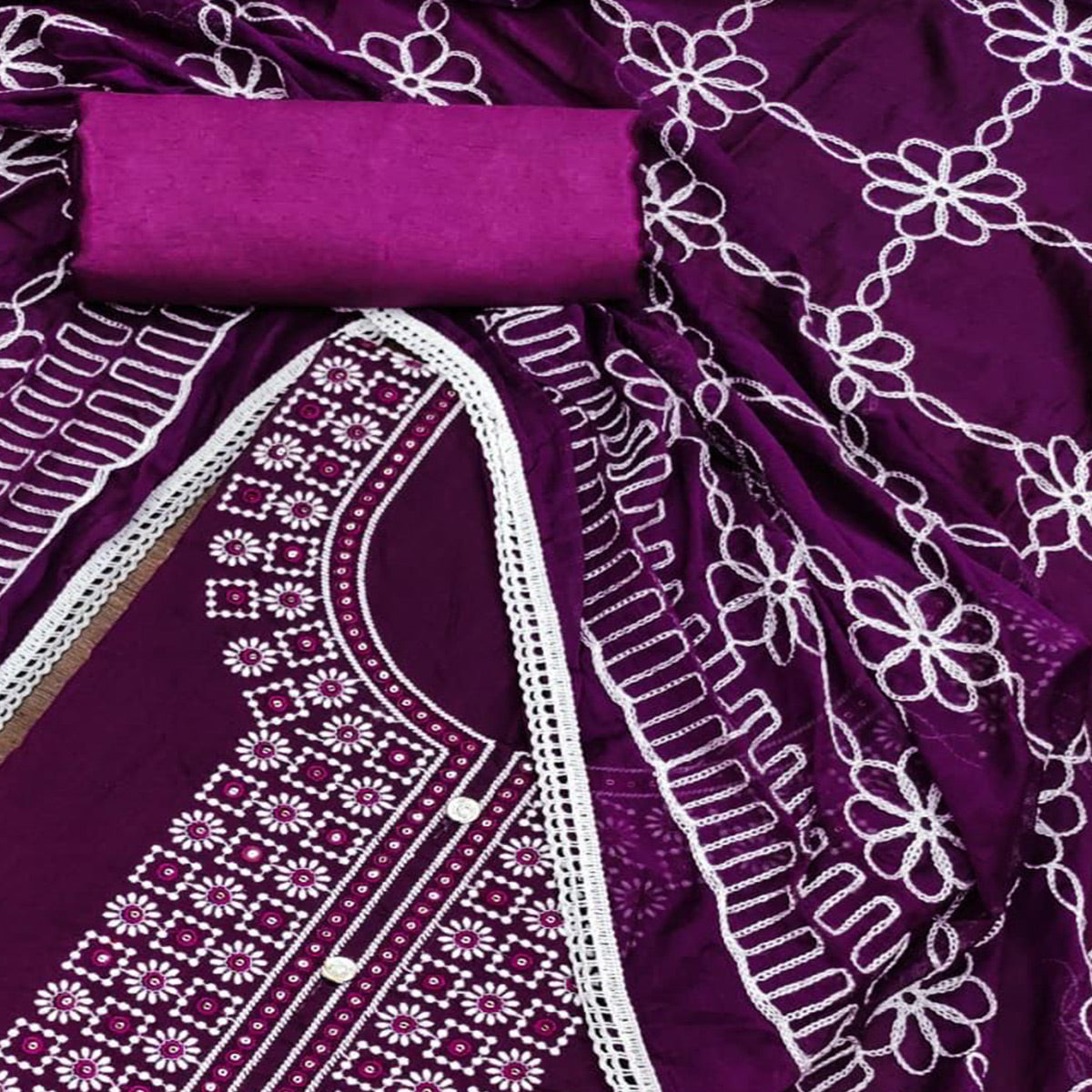 Wine  Floral Embroidered Chanderi Dress Material