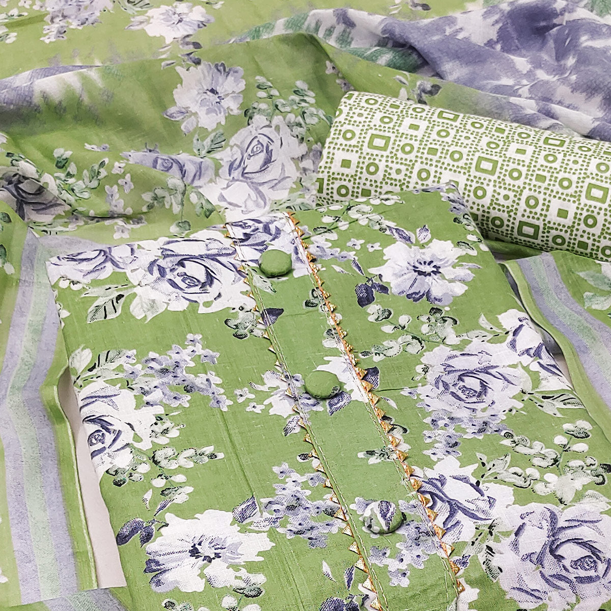Pista Green Floral Printed Pure Cotton Dress Material