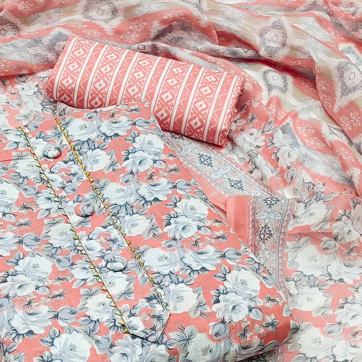 Peach Floral Printed Pure Cotton Dress Material