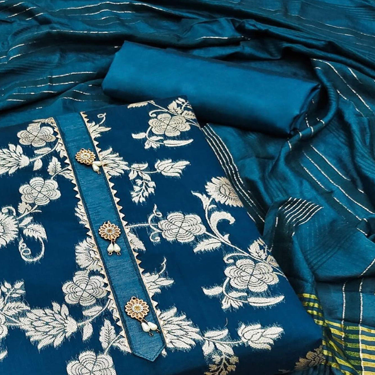 Blue Floral Woven Modal Dress Material