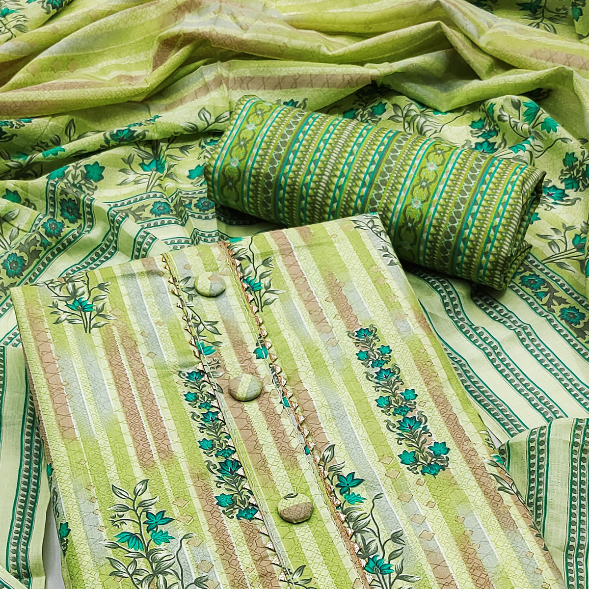 Green Floral Printed Pure Cotton Dress Material