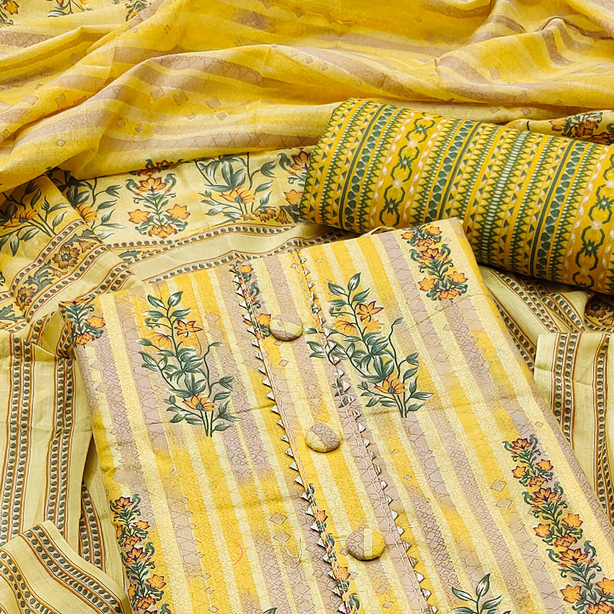 Yellow Floral Printed Pure Cotton Dress Material