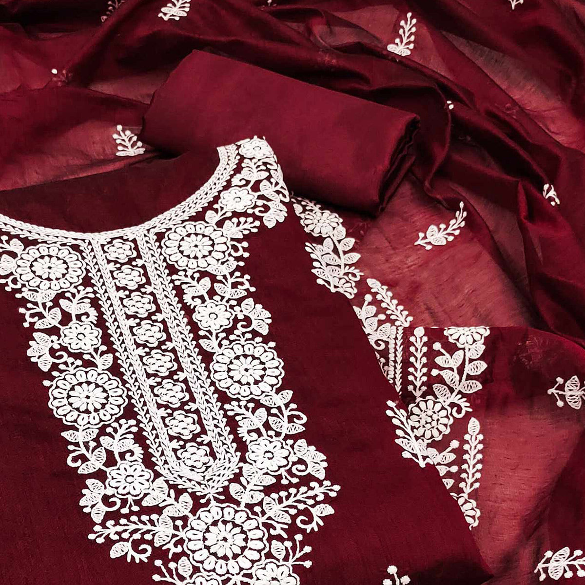 Maroon Floral Embroidered Modal Dress Material