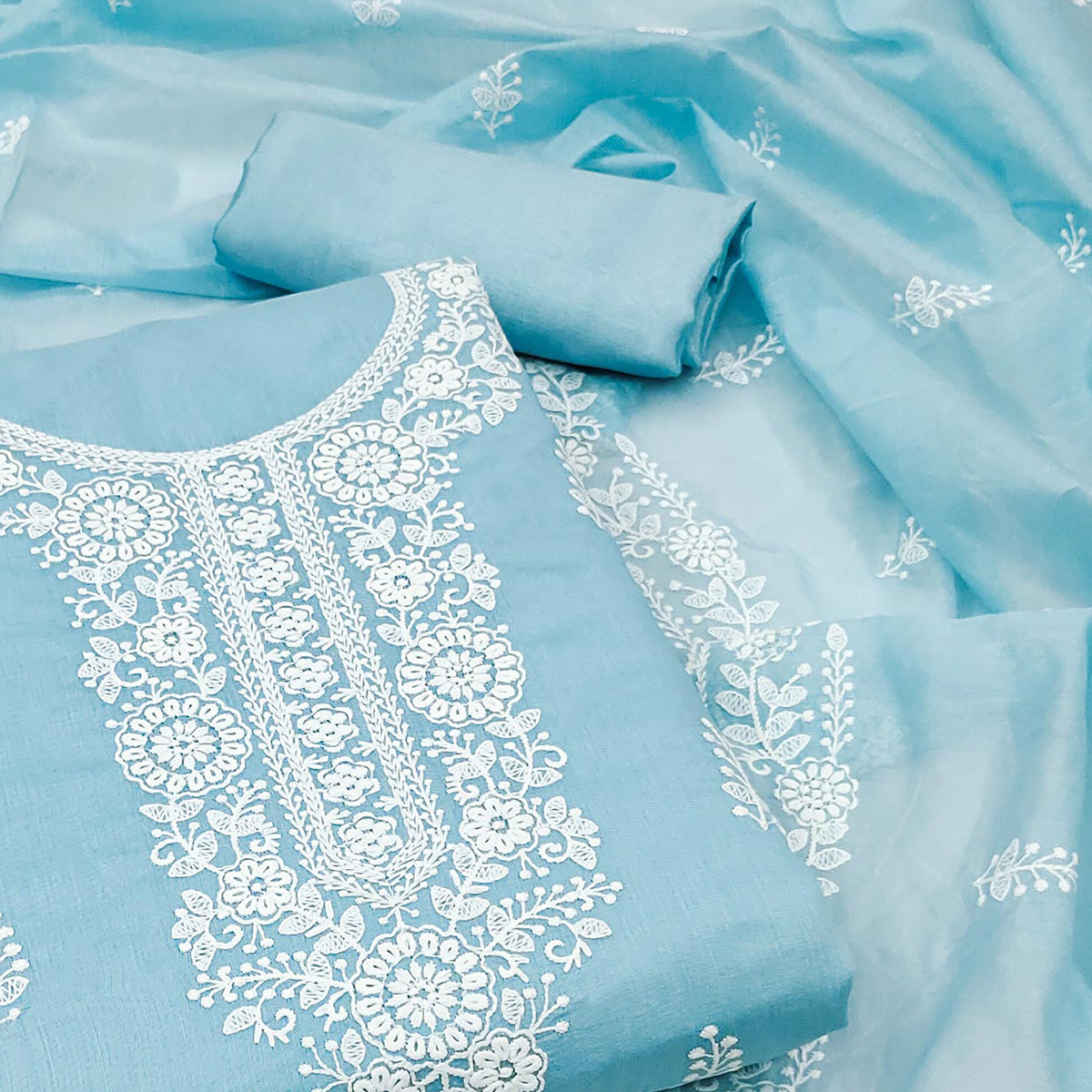 Sky Blue Floral Embroidered Modal Dress Material
