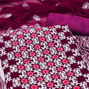 Wine Embroidered Georgette Dress Material