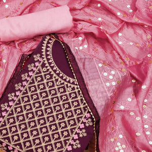 Wine Floral Embroidered Modal Dress Material