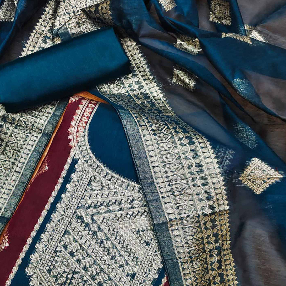 Blue Woven Chanderi Dress Material