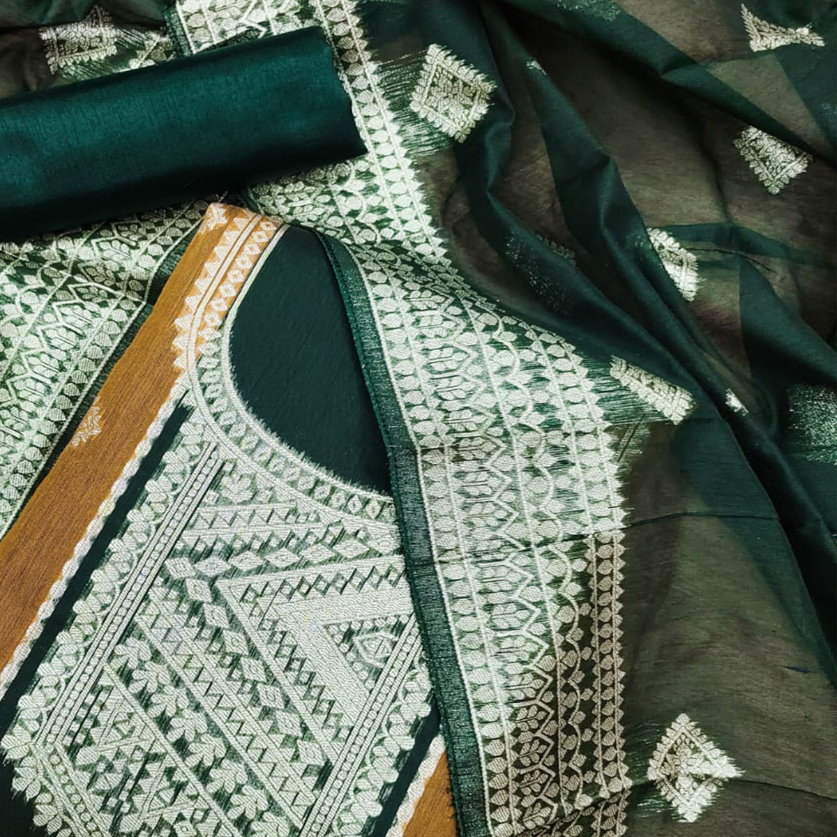 Green Woven Chanderi Dress Material