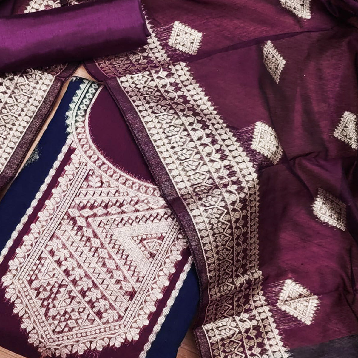 Wine Woven Chanderi Dress Material
