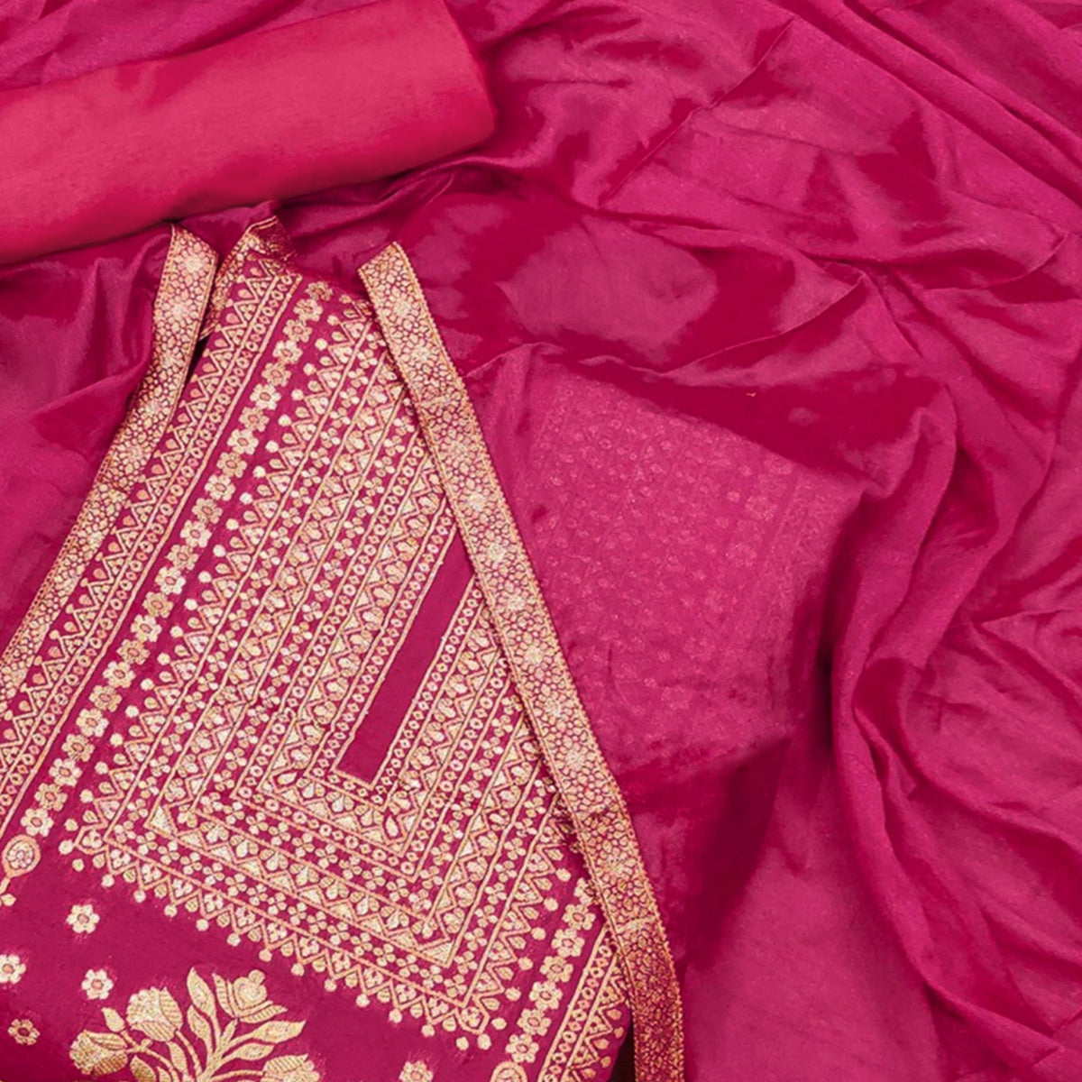 Pink Floral Woven Banarasi Silk Dress Material