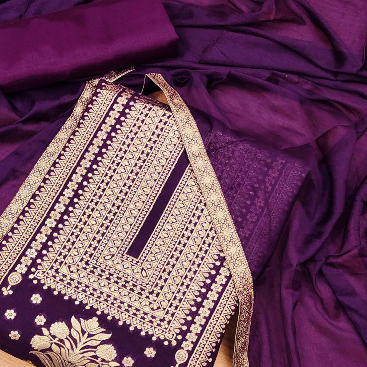 Purple Floral Woven Banarasi Silk Dress Material