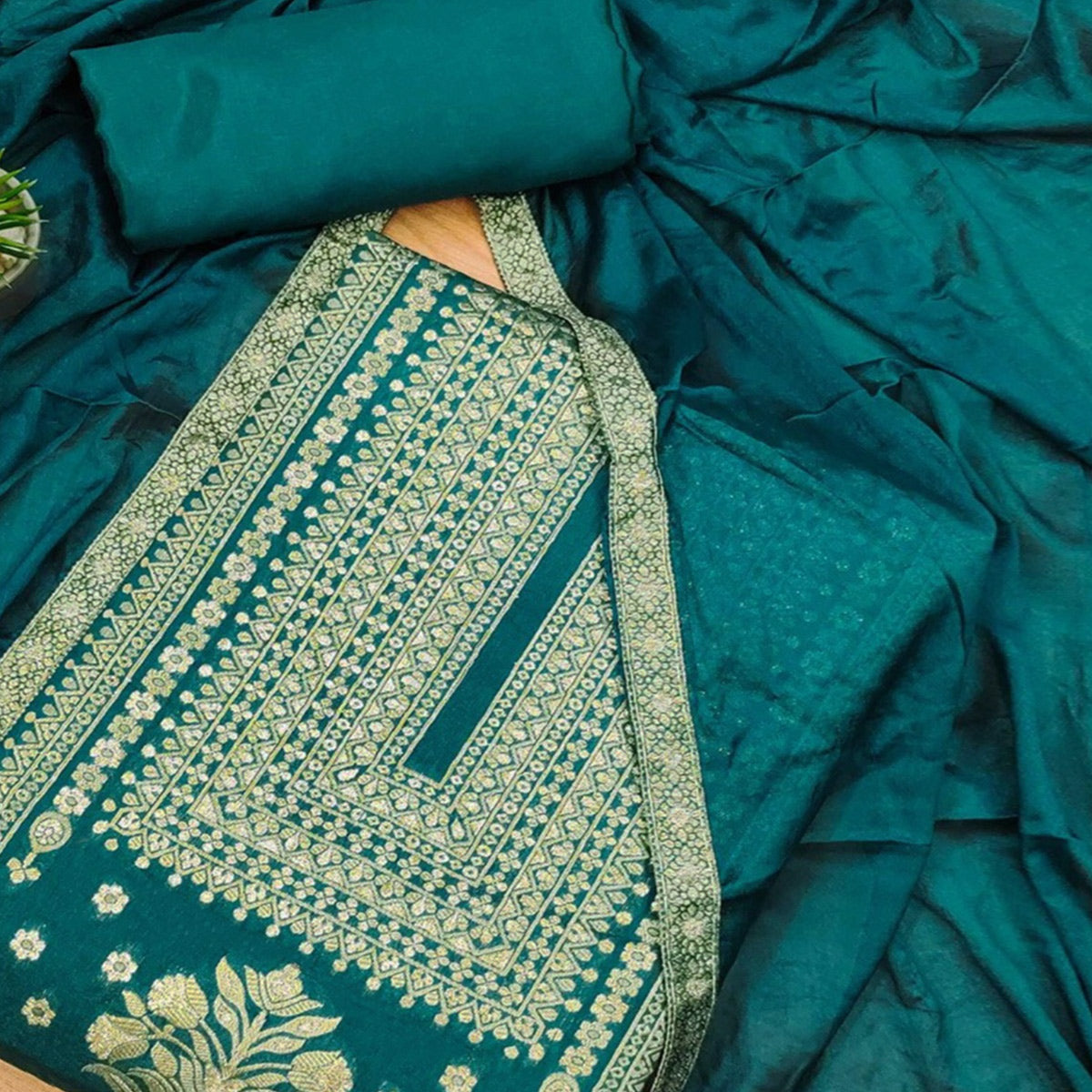 Rama Green  Floral Woven Banarasi Silk Dress Material