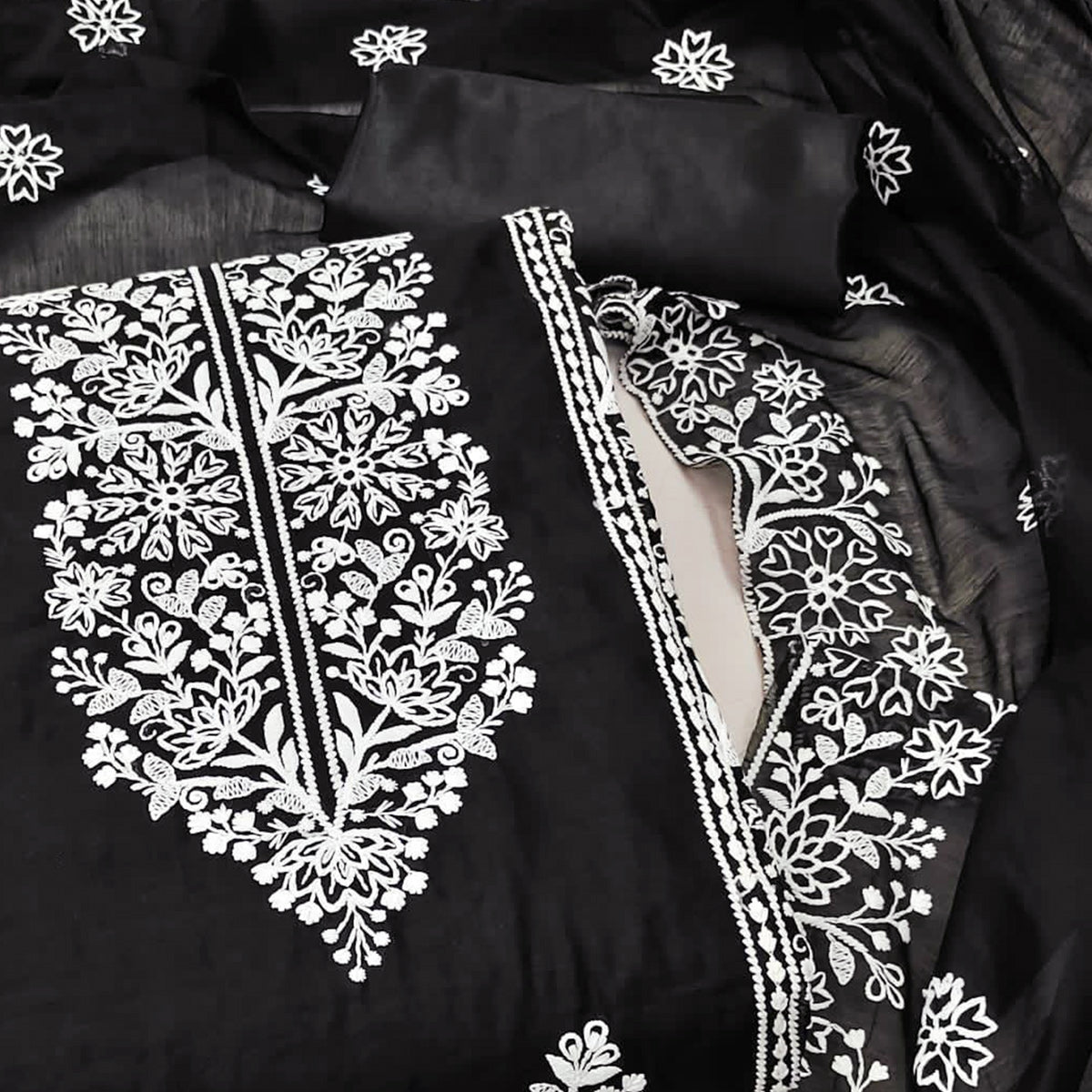 Black Floral Embroidered Modal Dress Material