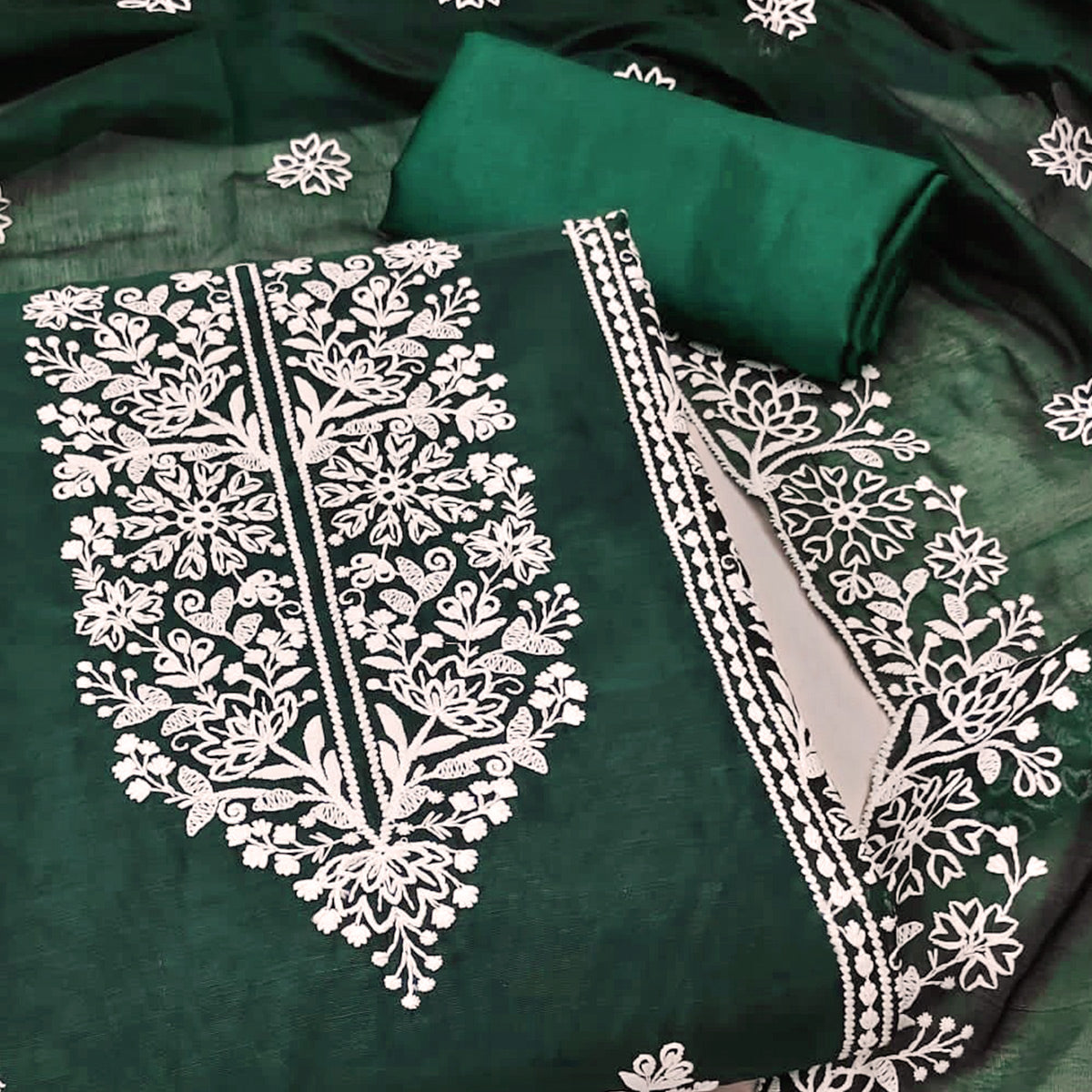 Green Floral Embroidered Modal Dress Material