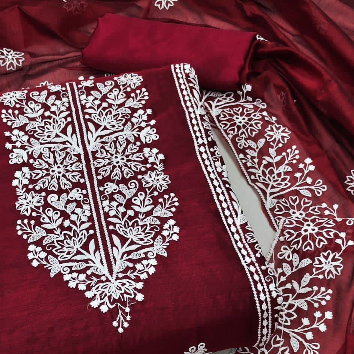 Maroon Floral Embroidered Modal Dress Material