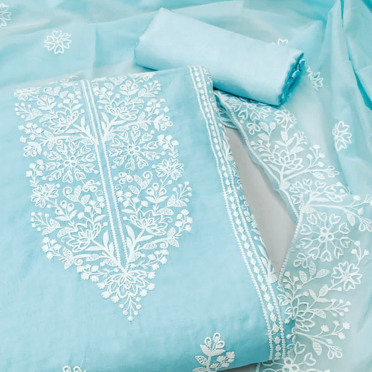 Sky Blue Floral Embroidered Modal Dress Material