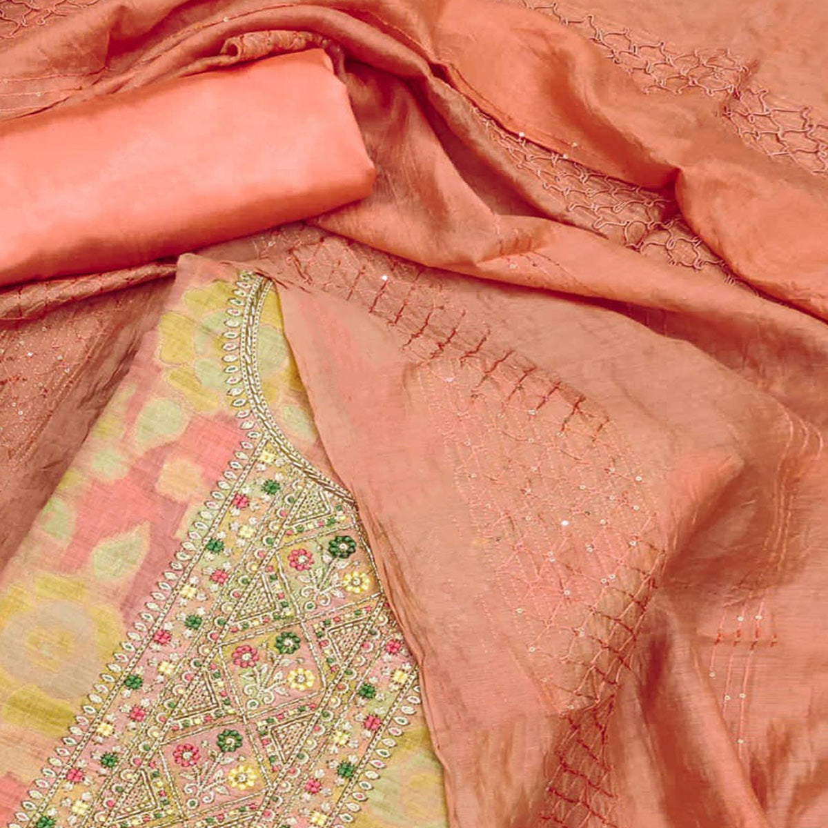 Peach Floral Embroidered Modal Dress Material