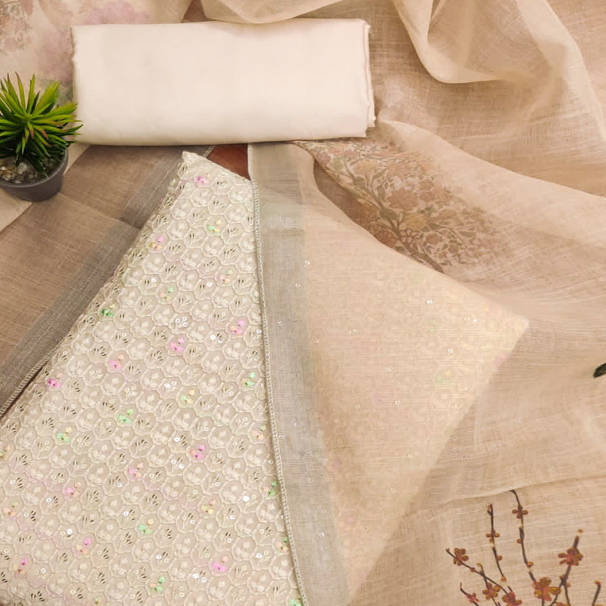 Cream Sequins Embroidered Chanderi Silk Dress Material