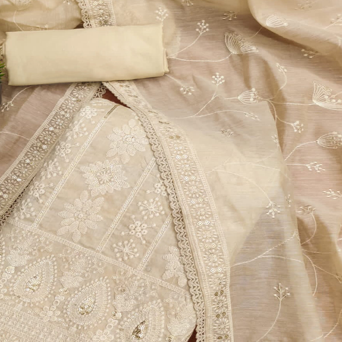 Cream Sequins Embroidered Chanderi Silk Dress Material