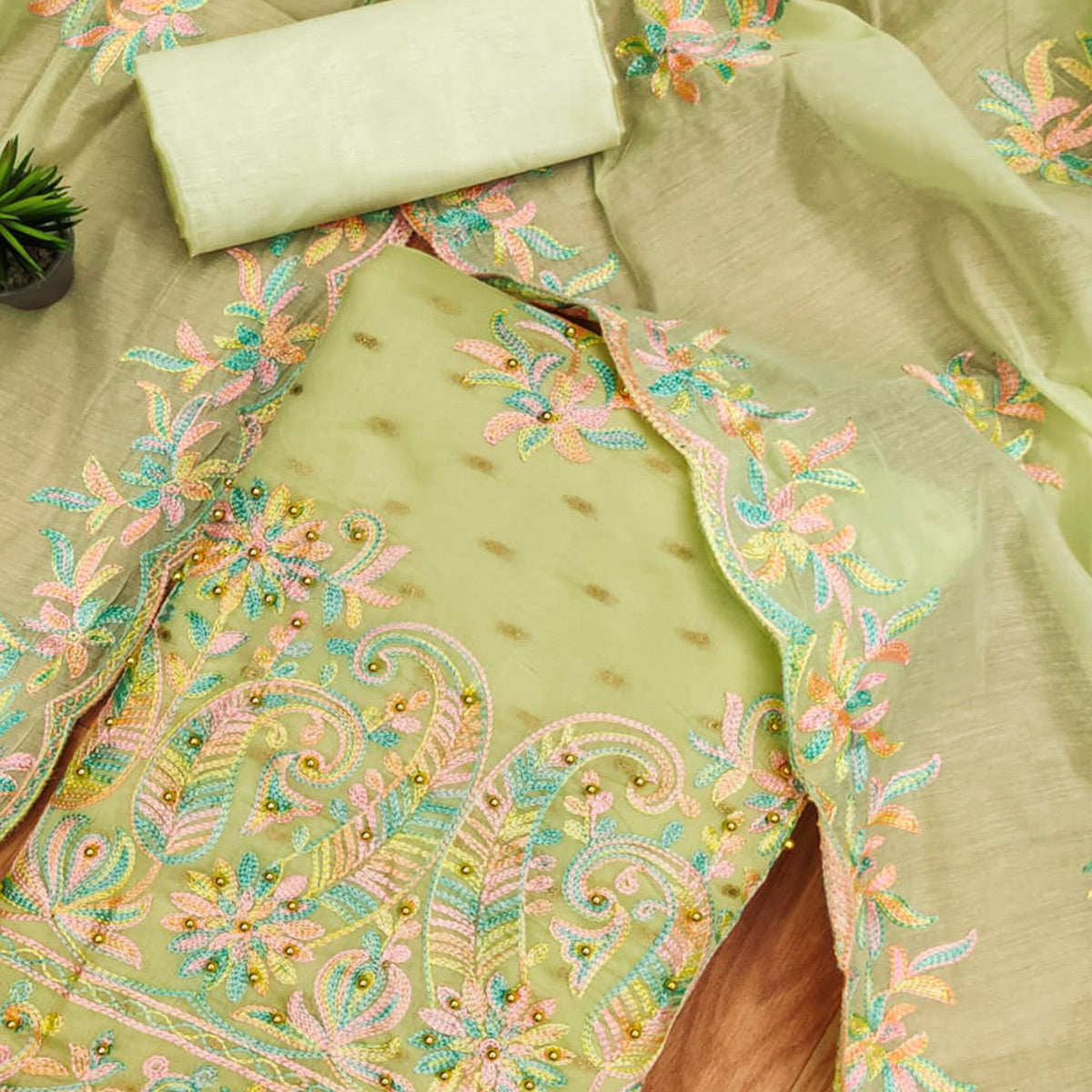 Green Floral Embroidered Chanderi Dress Material