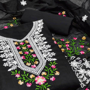 Black Floral Embroidered Chanderi Dress Material