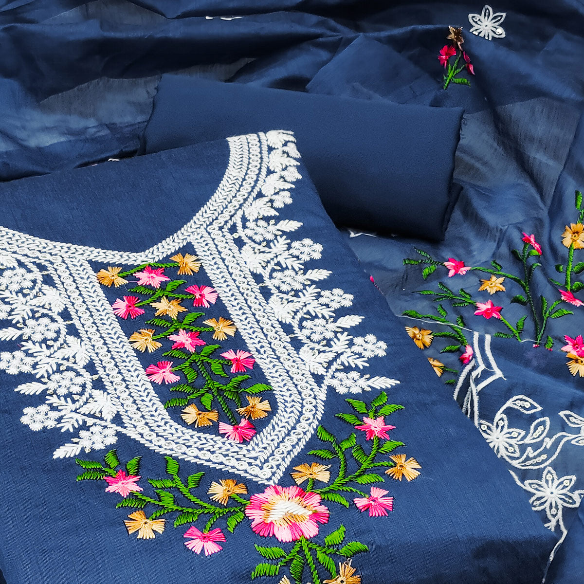 Blue Floral Embroidered Chanderi Dress Material