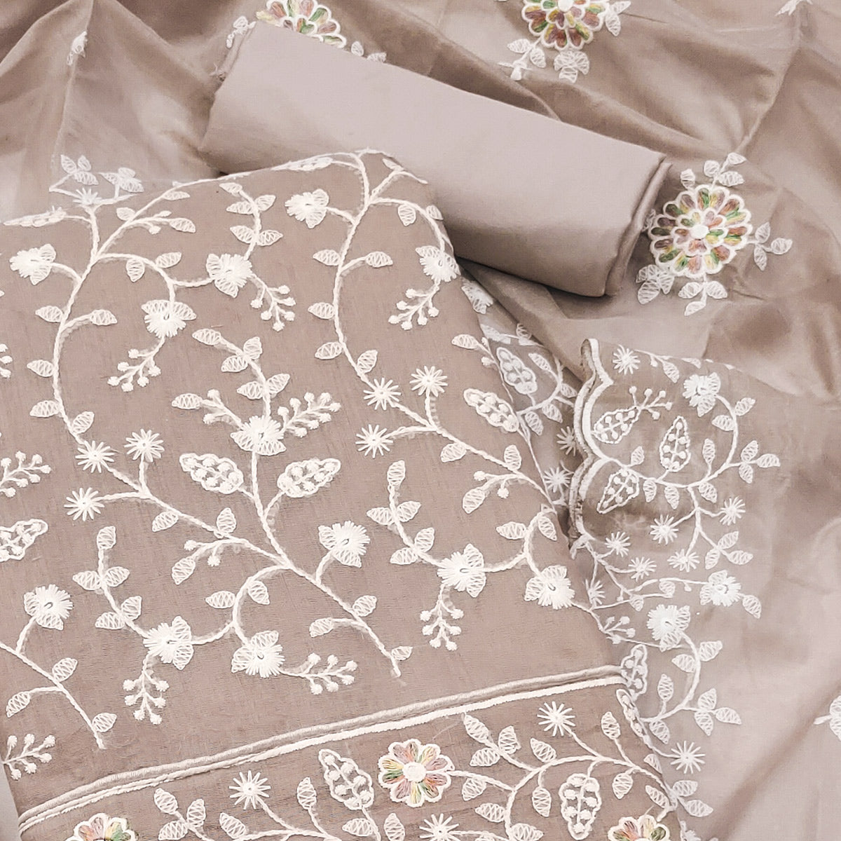 Brown Floral Embroidered Chanderi Dress Material