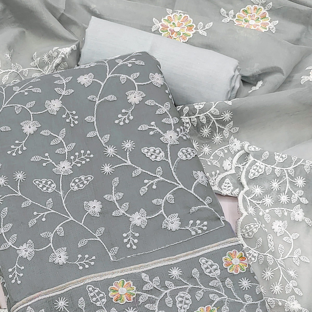 Grey Floral Embroidered Chanderi Dress Material