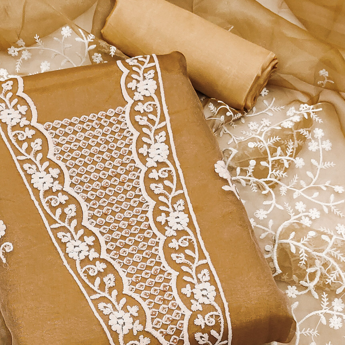 Chikoo Floral Embroidered Organza Dress Material