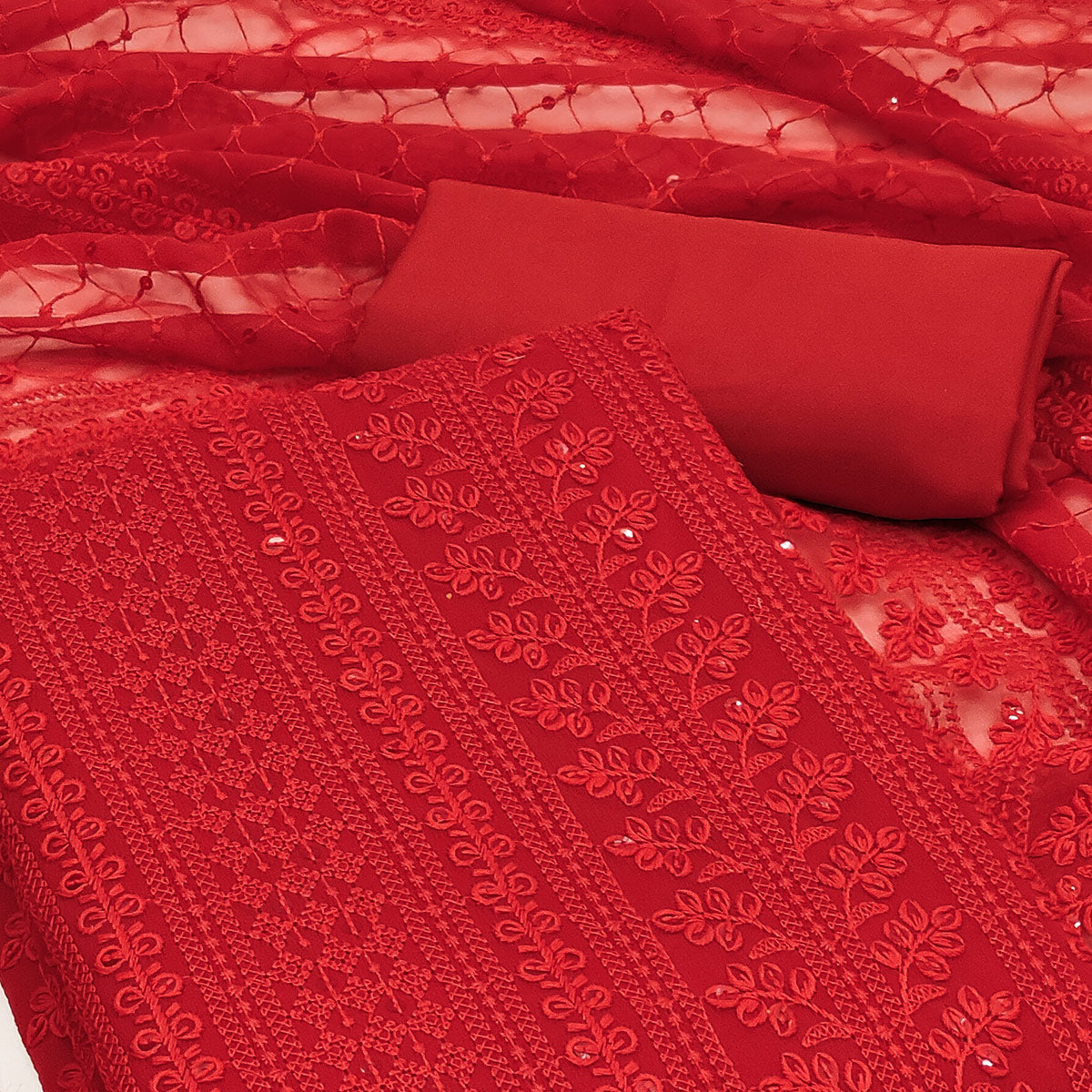 Red Lucknowi Embroidered Georgette Dress Material