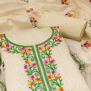 Beige Floral Embroidered Chanderi Dress Material