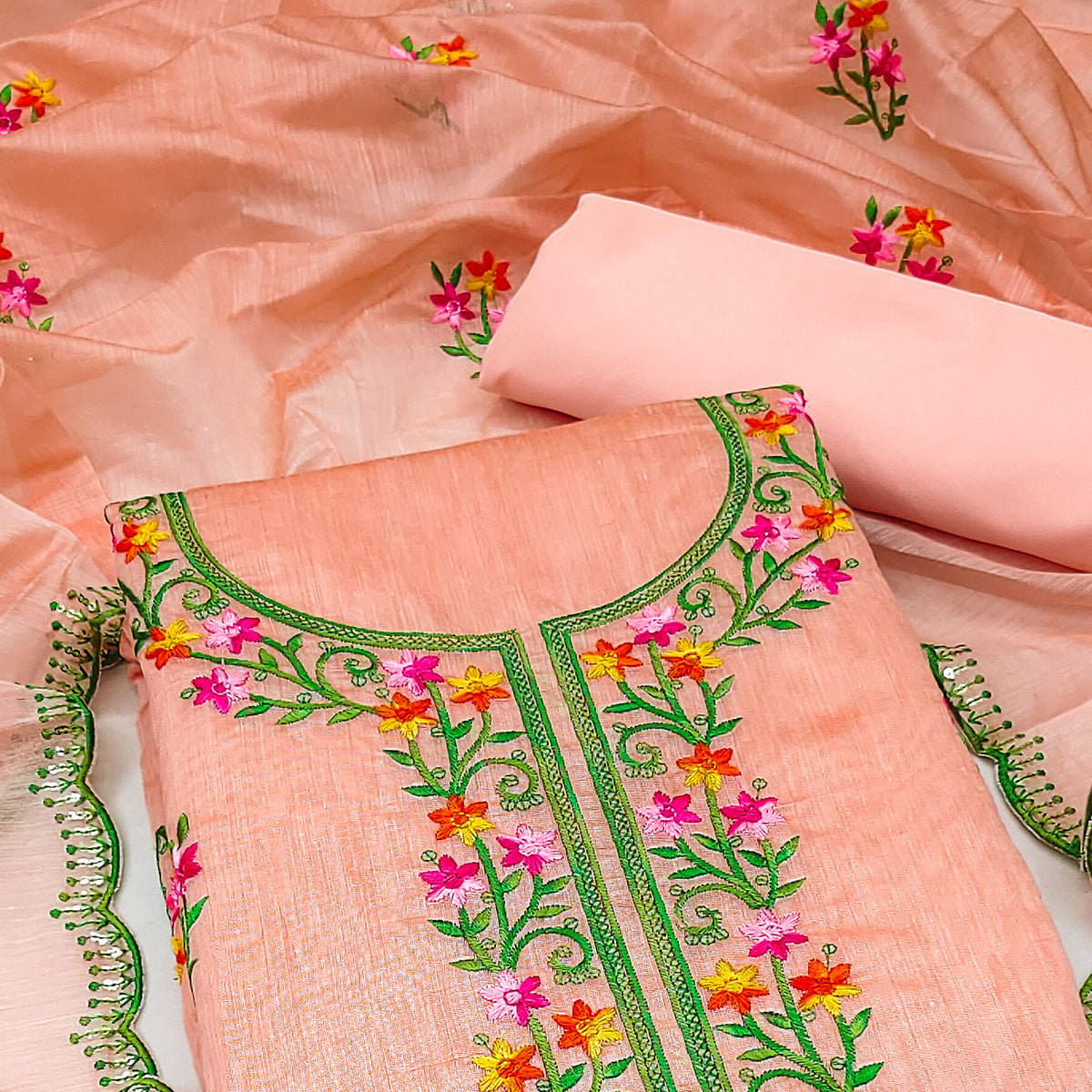Peach Floral Embroidered Chanderi Dress Material
