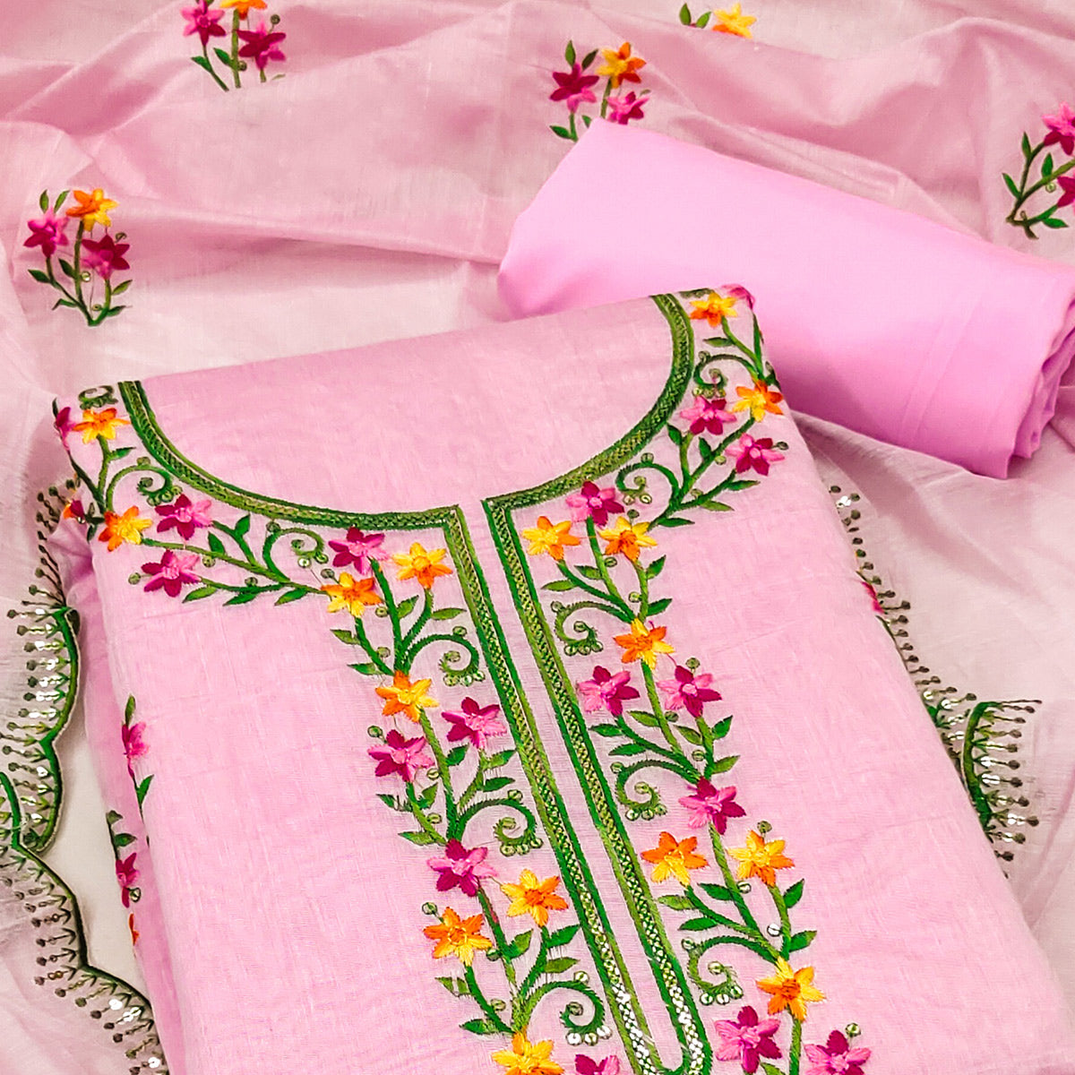 Pink Floral Embroidered Chanderi Dress Material