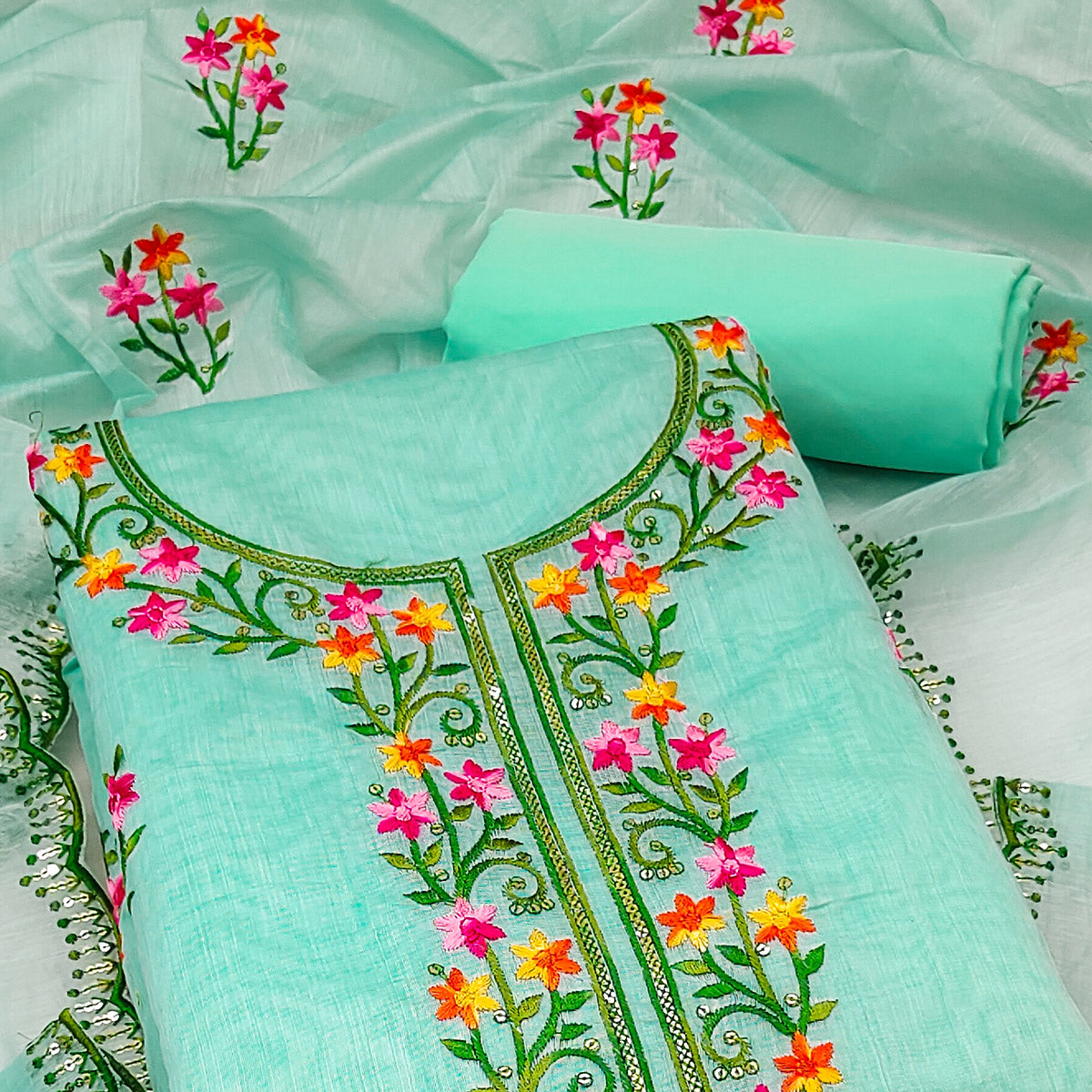 Turquoise Floral Embroidered Chanderi Dress Material