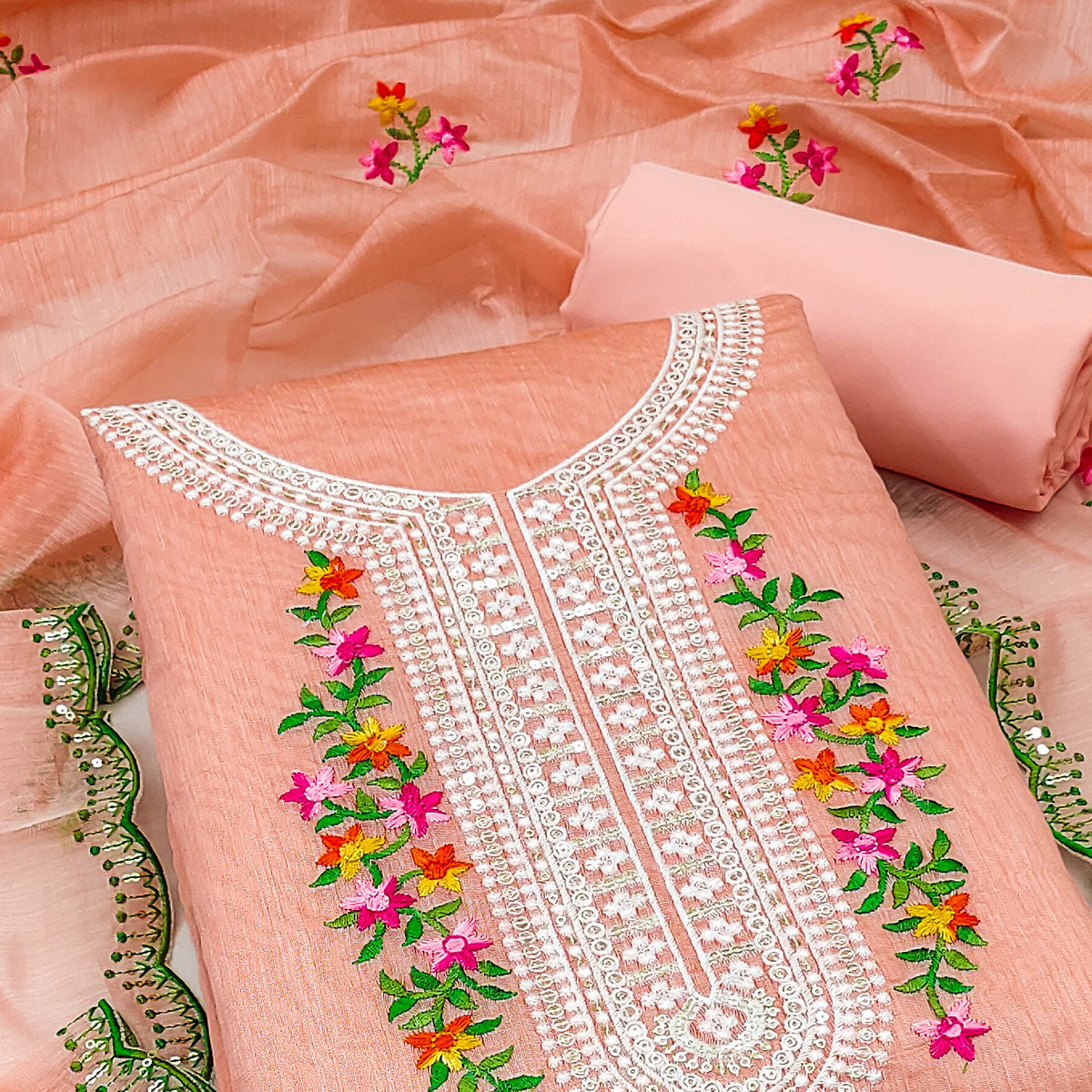 Peach Floral Embroidered Chanderi Dress Material