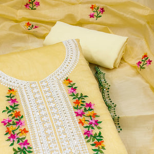 Yellow Floral Embroidered Chanderi Dress Material